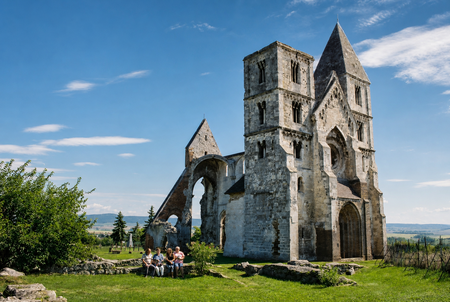 Die historische Kirchenruine in Zsámbék vor weitem Himmel